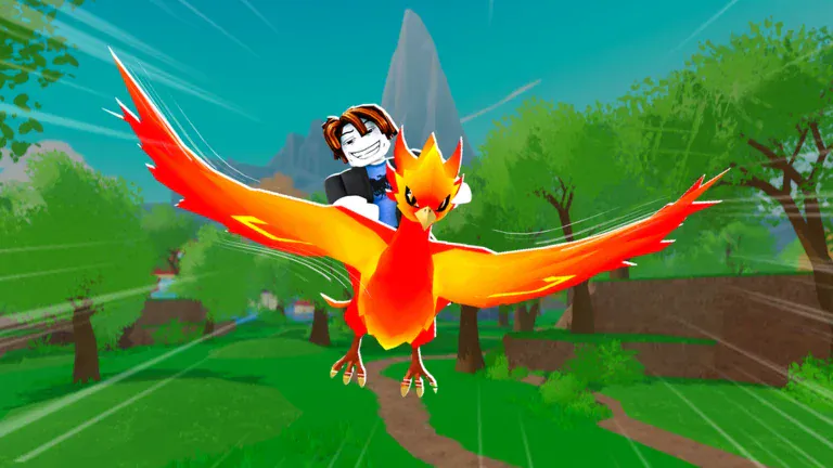 A player riding a Phoenix above the green starting meadow in Ride A Pet